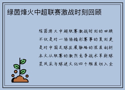 绿茵烽火中超联赛激战时刻回顾